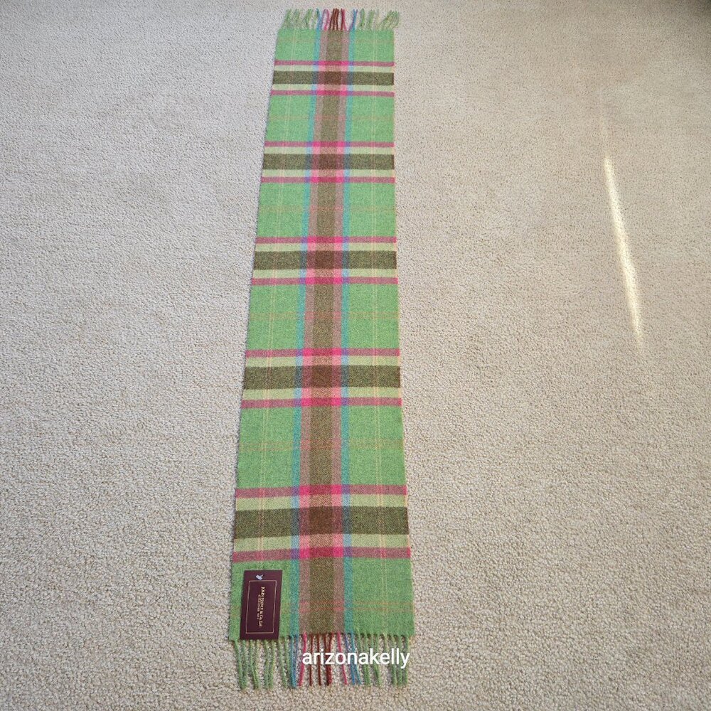 NWT John Hanly Ireland Lambswool Scarf Green & Pink Plaid - Picture 7 of 9